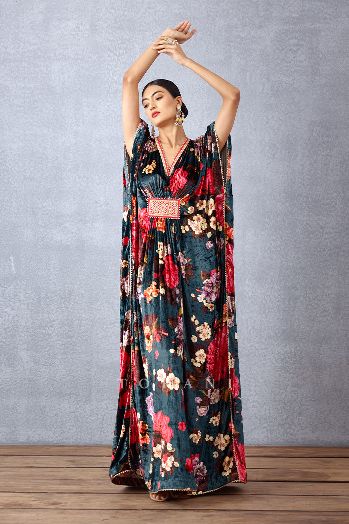 Floor length Navy Blue Printed Free Size Kaftan in Silk Velvet