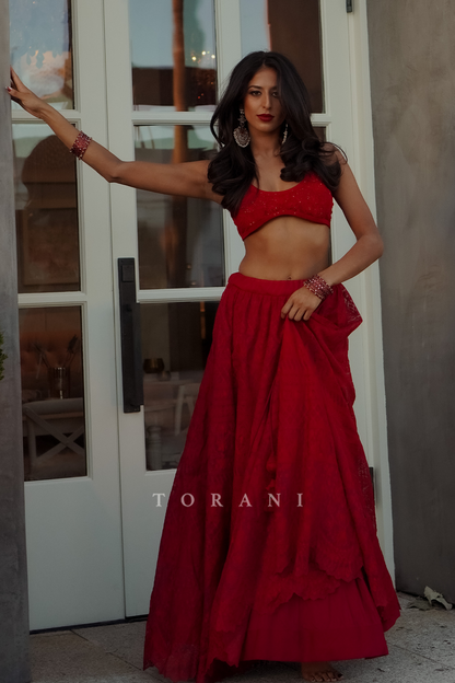 Nicole Mehta In Our Surkh Advaita Lehenga Set