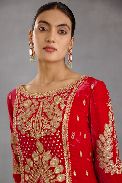 Pink Heavy Hand Embroidered Short Kurta Set in Silk Velvet