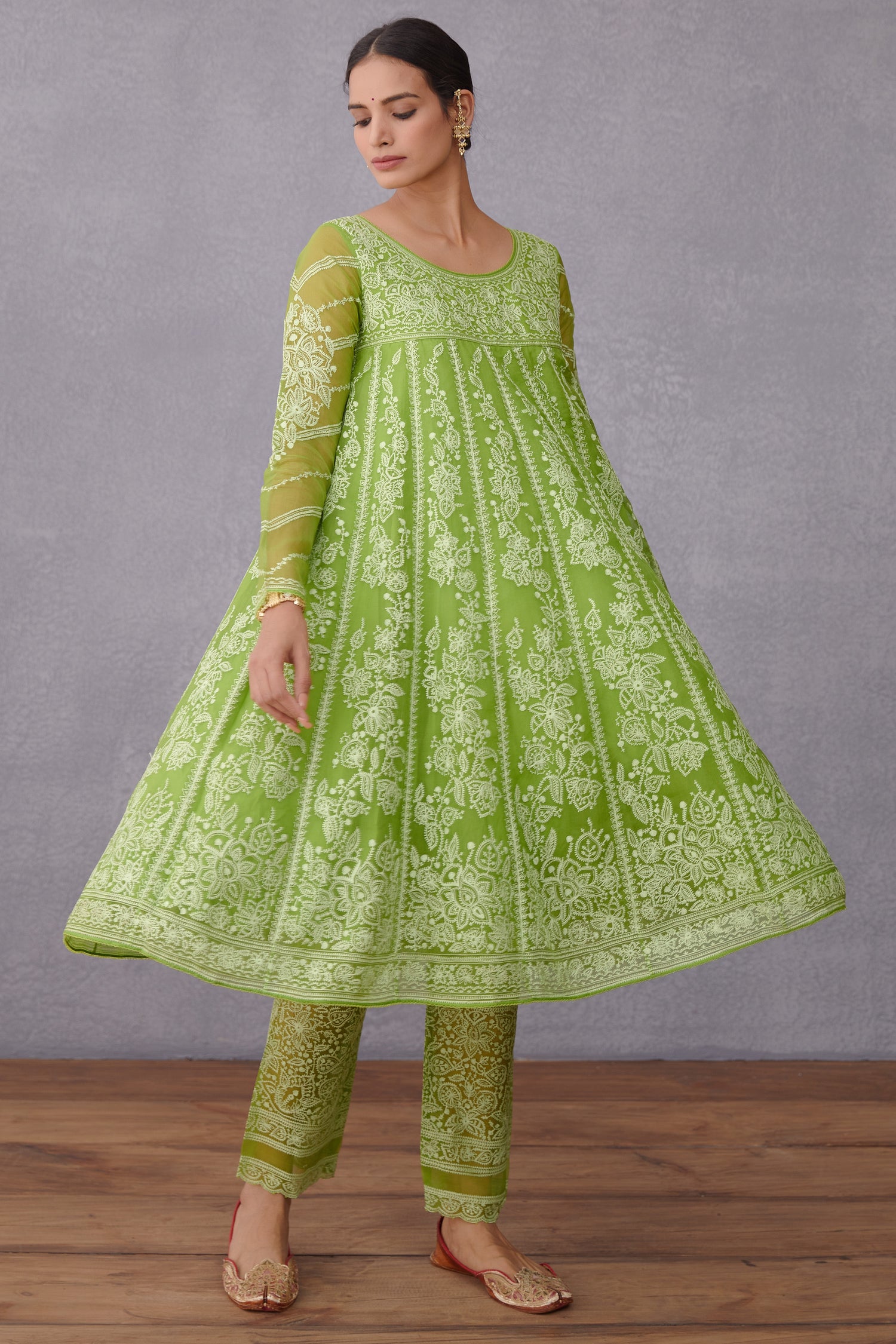 Aaari Embroidered Green Paavni Julaba Set in Silk Organza