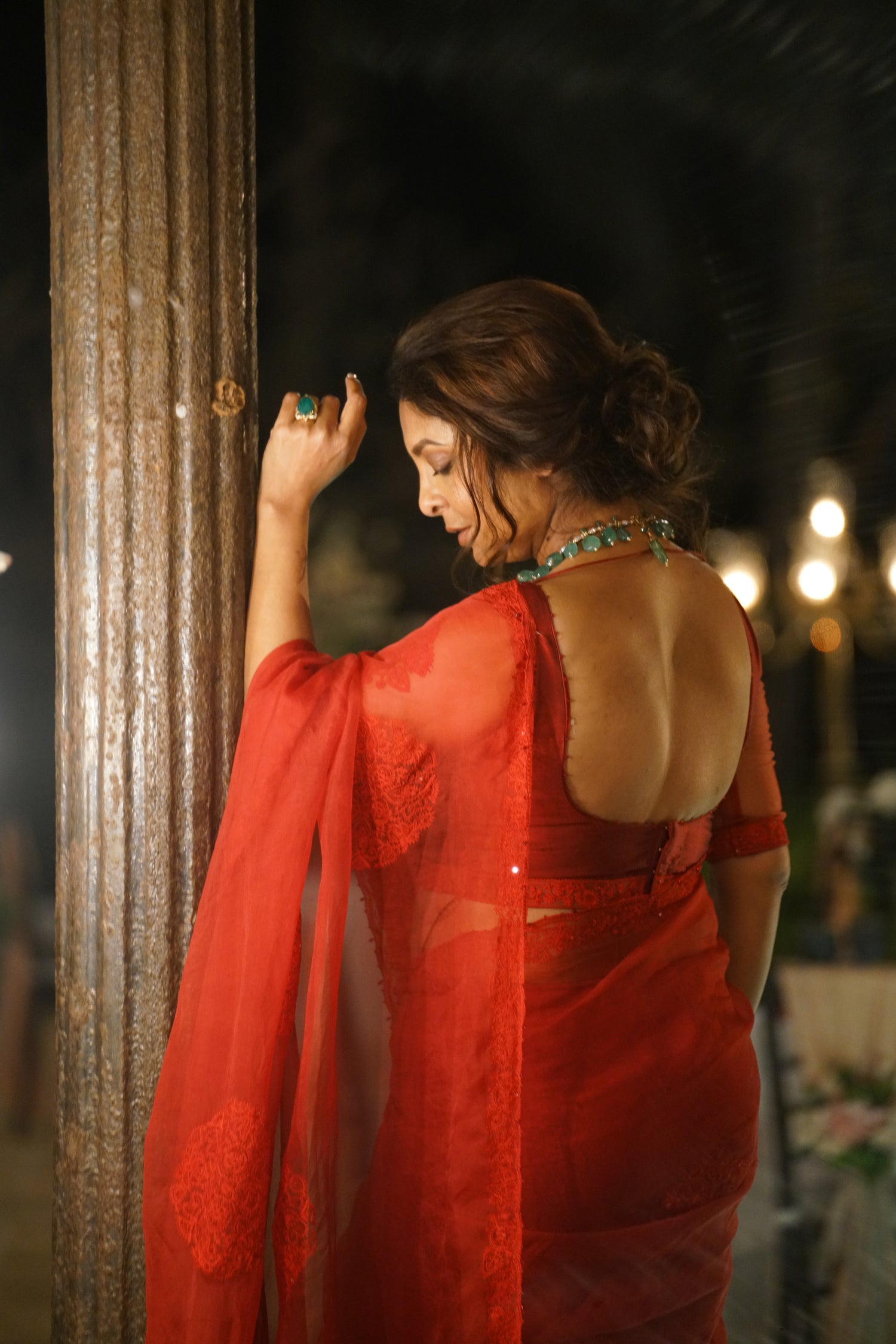 Shefali Shah in our Custom Surkh Aadira Saree Set