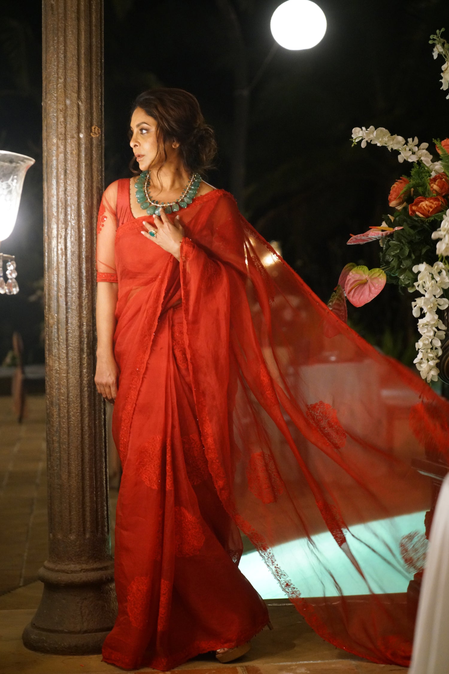 Shefali Shah in our Custom Surkh Aadira Saree Set