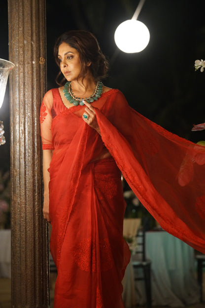 Shefali Shah in our Custom Surkh Aadira Saree Set