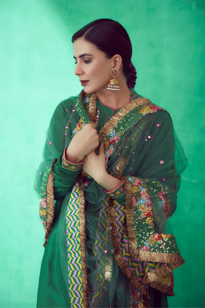 Kirti Kulhari featured in Torani's Emerald Green Ghera Set