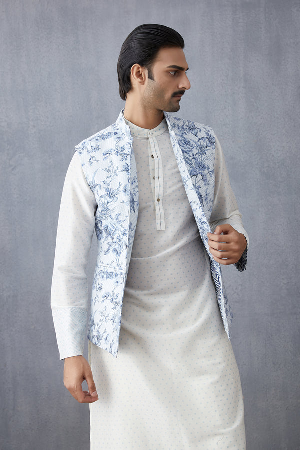 Men's Handwoven Chanderi Bandi jacket with floral print
