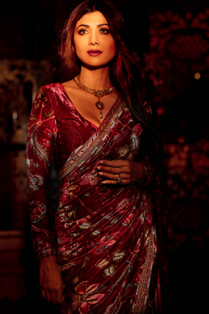 Shilpa Shetty Kundra in our Gudhal Makhmal Pallu Sheesha Revathi Saree Set